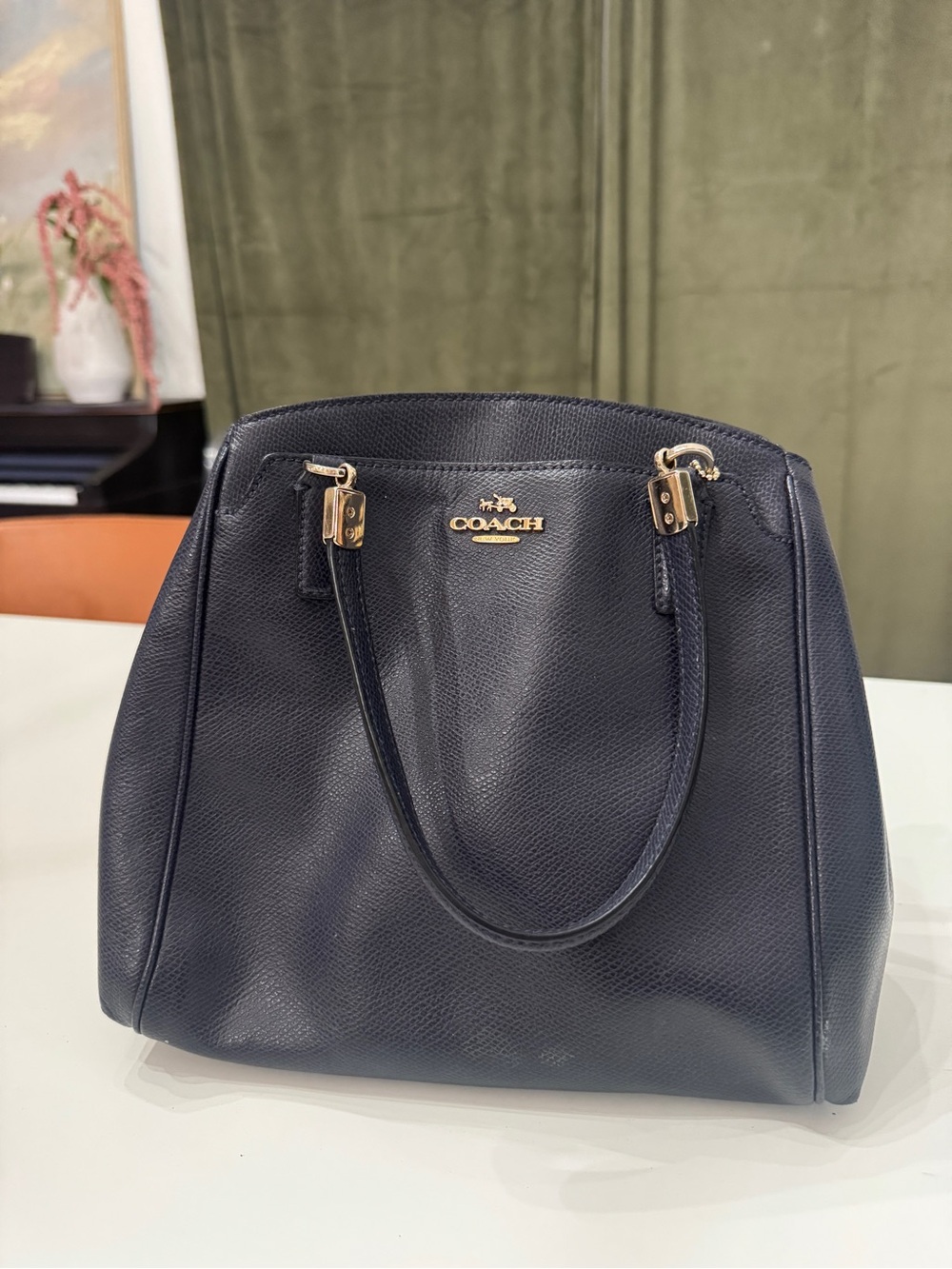 Coach Navy Pebbled Leather Tote with Gold Hardware